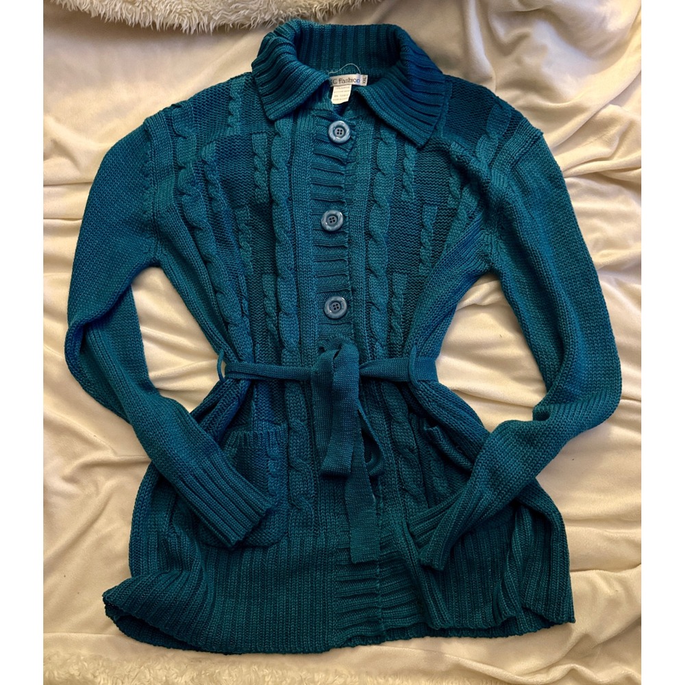 TC Fashion Cardigan Women XXL‎ Teal Blue Cable Knit Belted Button Up Sweater